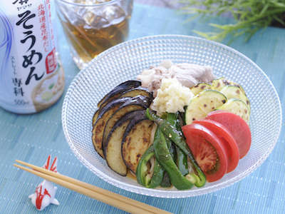 焼き夏野菜とおろししょうがの冷しゃぶそうめんのレシピ 作り方 Happy Recipe ヤマサ醤油のレシピサイト