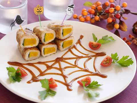 ハロウィン風かぼちゃの豚肉ロールピンチョスのレシピ 作り方 Happy Recipe ヤマサ醤油のレシピサイト