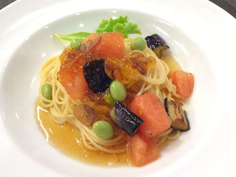 彩り野菜とトマトしょうゆの冷製ジュレパスタのレシピ 作り方 Happy Recipe ヤマサ醤油のレシピサイト
